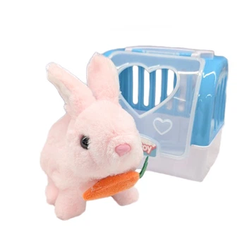Игрушка интерактивная Plush Toy Кролик с морковкой в голубой переноске розовый (CH6010PN)