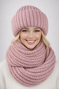 Женский вязаный комплект шапка + хомут Барбара (One-Size) Светлая-пудра