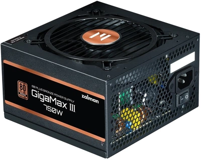 Блок питания Zalman Gigamax 3 (750W), 88%, 80+ Bronze, 120мм, 1xMB 24pin(20+4), 2xCPU (8pin(4+4)+8pin), 3xMolex, 6xSATA, 4xPCIe 8pin(6+2), 1xPCIe GEN5 16pin, полумодульный. (642513)