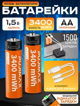 Аккумуляторные батарейки AA Li-Ion 1.5V 3400mWh USB Type-C Pujimax набор 2 шт пальчиковые литиевые аккумуляторы с зарядкой от ЮСБ кабелем многоразовые элементы питания стабильного напряжения для игрушек пультов фотоаппарата мышки фонарика