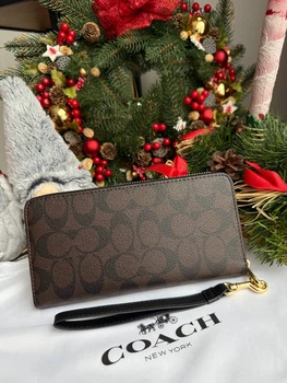 Гаманець чорний коричневий Long Zip Around Wallet With Detachable Card Case In Signature Canvas натуральна шкіра + подарункове пакування