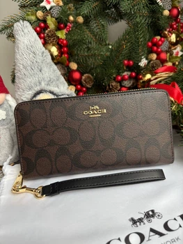 Гаманець чорний коричневий Long Zip Around Wallet With Detachable Card Case In Signature Canvas натуральна шкіра + подарункове пакування
