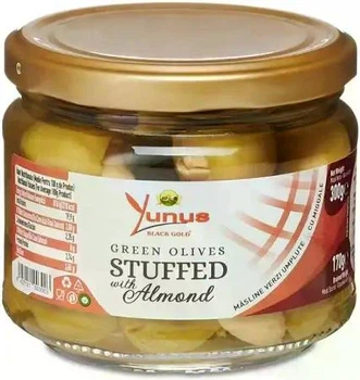 Оливки зелені фаршировані мигдалем Yunus Black Gold Stuffed with Almond Green Olives 300 грам скло