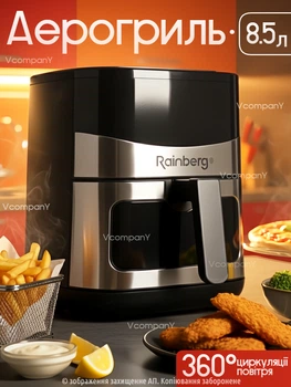 Многофункциональная мультипечь, Rainberg AIR FRYER GRILL на 8,5 литров Аэрогриль, фритюрница без масла, айрогриль 3800 Вт