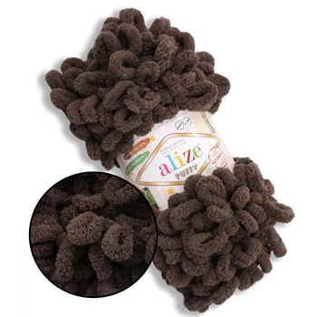 Alize Puffy, Каштан №26,100г/9м - Алізе Пуффі, плюшева пряжа з готовими петлями для в'язання руками пледів, іграшок, великі петельки