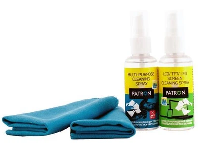 Набор чистящий Patron: спрей 50 мл для экранов, спрей 50 мл оргтехники, две салфетки из микроволокна 20 х 20 см (F3-019)