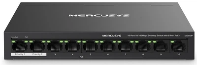 Коммутатор Mercusys MS110P 10-портовий 10/100 Мбіт/с ( 8 портов PoE +) , 2xLAN 10/100Mbit, металл