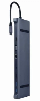 Док-станция Cablexpert 9-в-1, Grey, Type-C: 3xUSB 3.1, 1xHDMI, 1xVGA, 1xType-C (87 Вт), 1xGLan, 1xSD, 1xTF (microSD), 1x3.5 мм,