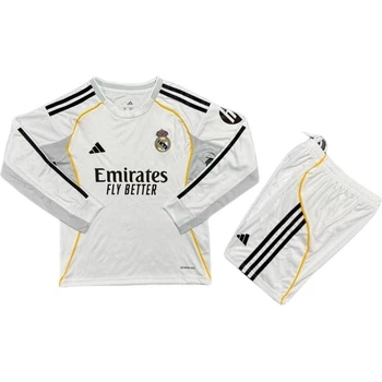 Футбольная форма с длинным рукавом детская Реал Мадрид (Real Madrid) 2025-2026 домашняя бело-черно-желтая 145-155 см F0405