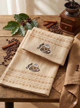 Вафельное кухонное полотенце с вышивкой "Coffee" и золотистым декором