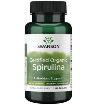 Органічна спіруліна, Certified Organic Spirulina, Swanson, 500 мг, 180 таблеток