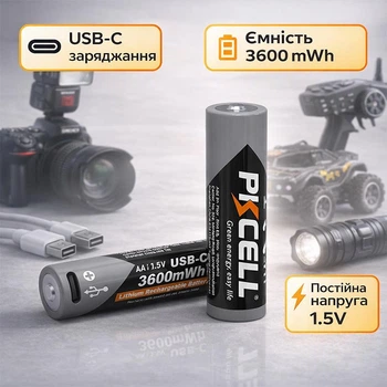 Акумуляторні батареї AA PKCELL AA-3600 USB-C 3600mWh з роз'ємом Type-C | 2 шт. у комплекті |