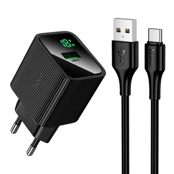 Сетевое зарядное устройство Hoco CS81A Excellent Black 18 Вт 1 x USB A с цифровым дисплеем с кабелем Type C (24381)