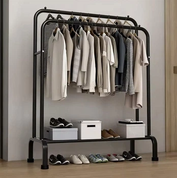 Підвійна металева стійка вішалка для одягу та взуття Loft Rack з поліцею Чорний