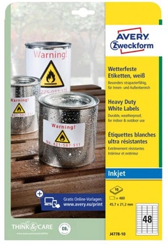 Водостійкі самоклеючі етикетки Avery Zweckform 45.7×21.2 мм Білі 480 шт. J4778-10 (4004182074893)
