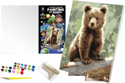 Zestaw do malowania po numerach qbee Dociekliwy miś z drewnianą podstawką 30x40 cm (900-055)