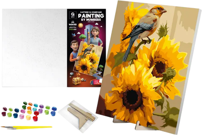 Zestaw do malowania po numerach qbee Zięba na słoneczniku z drewnianą podstawką 40x50 cm (900-032)