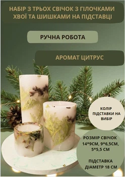 Набор свечей ручной работы декоративные свечи ароматизированные в наборе из 3 шт на подставке с веточками хвои и шишками аромат цитрус