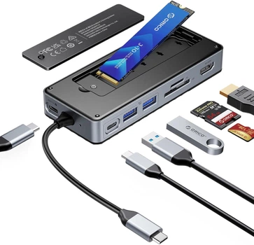 Док-станция ORICO 8-в-1 USB C с корпусом для M.2 SSD, USB C концентратор для M.2 NVMe/SATA SSD, 10 Гбит/с, 4K@60 Гц HDMI, 100 Вт PD, считыватель карт SD/TF, длина кабеля 15 см, серебристый
