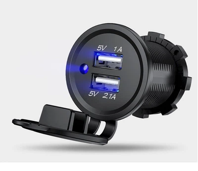 Гнездо для двух USB автомобильное 12 24 В 5 В 2,1 А и 1 А с резьбой и синим индикатором