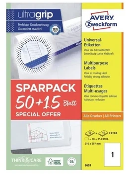Uniwersalne samoprzylepne etykiety Avery Ultragrip A4 210×297 mm Białe 65 arkuszy 6603 (4004182066034)