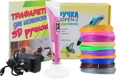 3D-ручка с экраном 3D Pen Розовая с разноцветным Эко Пластиком 49 метров с Трафаретами