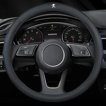 Чохол на кермо DLCar для автомобіля Peugeot із натуральної шкіри чорний із синьою ниткою