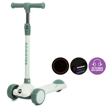 Детский трехколесный самокат Scooter JR3-129 складной, с подсветкой платформы и музыкой, Бело-оливковый