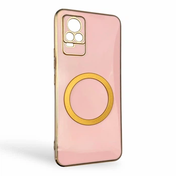 Чехол для Vivo V21E 4G глянцевый с защитой камеры с золотой окантовкой и кольцом MagSafe пудровый