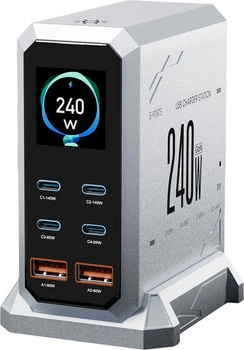 Настольное зарядное устройство ASOMETECH HW186 240W GAN Power Display (EPR PD3.1 QC5.0) 4C+2A Silver (43050)