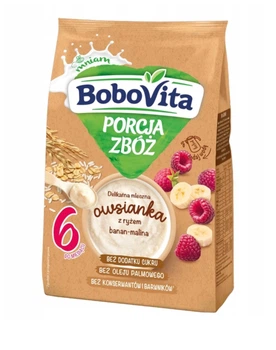 BoboVita Porcja Zbóż молочна вівсяна каша з рисом, малина та банан, 6+ міс.