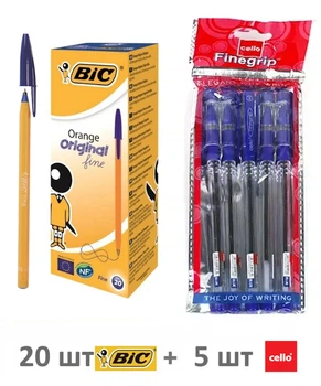 Набір: ручки "BIC" Orange 20 штук сині+ 5 кулькових синіх ручок "Cello"