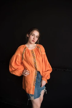 Блуза Etnoshop Лляна з ручною вишивкою XL Оранжева
