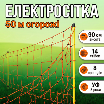 Электропастушья сетка 50м для овец коров коз домашней птицы кур электрозабор 90см 8 проводов нержавеющая