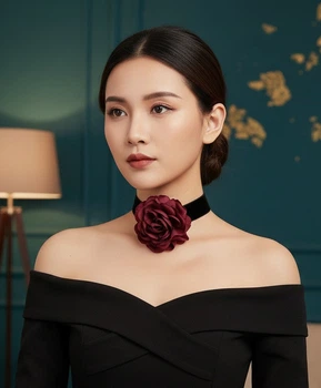 Оксамитовий чокер з об'ємною квіткою трояндою Honey Fashion Accessories бордовий (12-367)