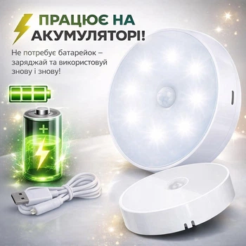 Светильник круглый накладной GGbingo Smart sensor light LED с аккумулятором 3500K (нічник)