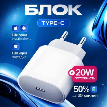 Блок живлення 20W USB-C Power Adapter швидка зарядка для Apple iPhone iPad зарядний пристрій