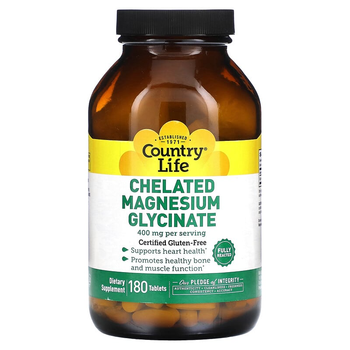 Хелатный глицинат магния Country Life "Chelated Magnesium Glycinate" бисглицинат для здоровья сердца, костей и мышц / 400 мг на порцию / 133 мг в 1 таблетке (180 таблеток)