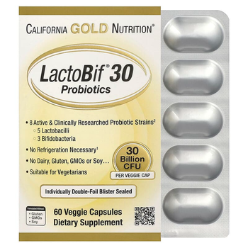 Пробиотики California GOLD Nutrition "LactoBif® Probiotics" поддержка и восстановление здоровья пищеварительной системы и кишечника после антибиотиков, 8 штаммов / 30 млрд КОЕ (60 растительных капсул)