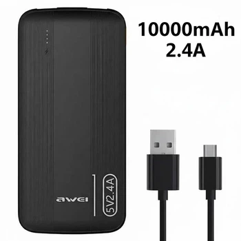 Повербанк AWEI P20K 10000mah 2.4A 12W Чорний, портативна зарядка для телефону (1011128-Black)