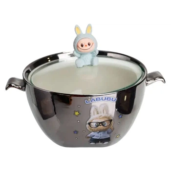 Бульонница фарфоровая Labubu с крышкой и ручками 800 (мл) Ø15 (см) Серебристый с голубым FM-34D