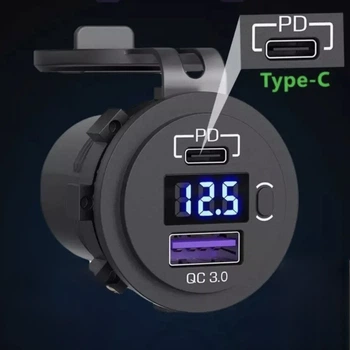 Автомобильный адаптер USB + Type-C с Q.C. 3.0 с Вольтметром – Врезной модуль с кнопкой для быстрой зарядки