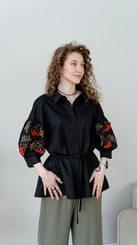 Женская рубашка с вышивкой рябины с поясом NORA KVITIN MKNK392-2 - 42, Чорний