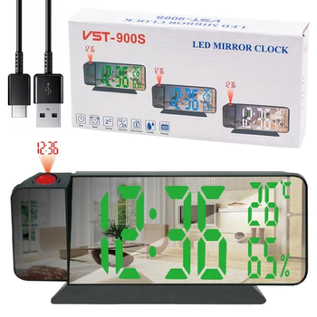 Годинник мережевий проекційний VST VST-900S-4 LED дисплей салатовий температура USB Чорний