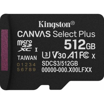 Карта памяти Kingston 512GB microSDXC class 10 UHS-I U3 V30 A1 Canvas Select Plus (SDCS3/512GBSP) Kingston SDCS3/512GBSP 913831