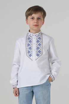 Дитяча вишиванка для хлопчика Грона із синім орнаментом Folk Moda 158 Білий (grona-309711186)