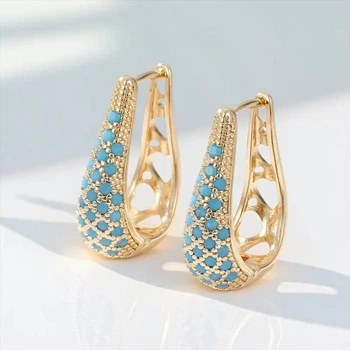 Женские серьги No brand 2415 золотистые с голубыми кристаллами