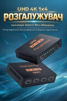 HDMI сплітер розгалужувач відеосигналу 1x4 4K UHD дозволяє підключити одне HDMI-джерело до чотирьох телевізорів або моніторів одночасно. Забезпечує стабільну передачу.(110026М)