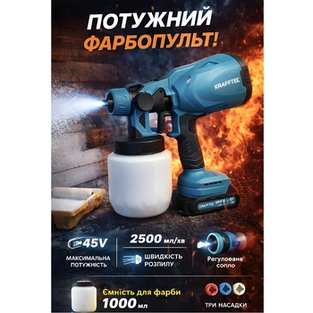 Краскопульт аккумуляторный пульверизатор Krafftec 45 В портативный краскораспылитель для покраски стен и потолка с регулировкой ширины ручной распылитель фабры 1000 мл