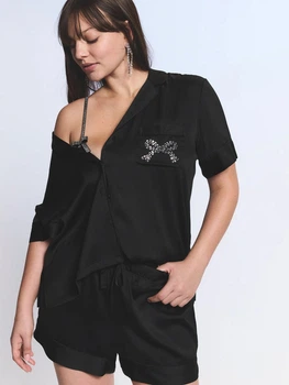 Піжама Сатинова (сорочка + шорти) Victoria's Secret Signature Satin Short Pajama Set М Чорний (2671369D)
